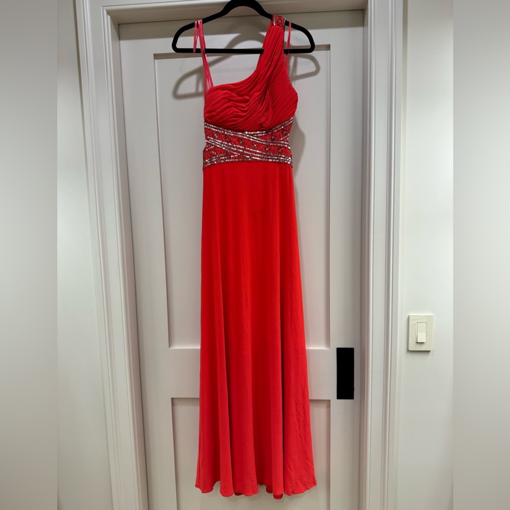 Betsy & Adam One Shoulder Red Dress